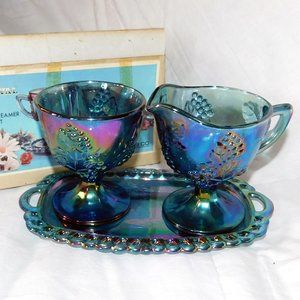 Blue Carnival Glass Cream Sugar Under Tray Grapes NIB